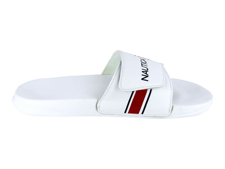 Sandalia tipo slide blanca de la marca Nautica con detalles en rojo y azul.