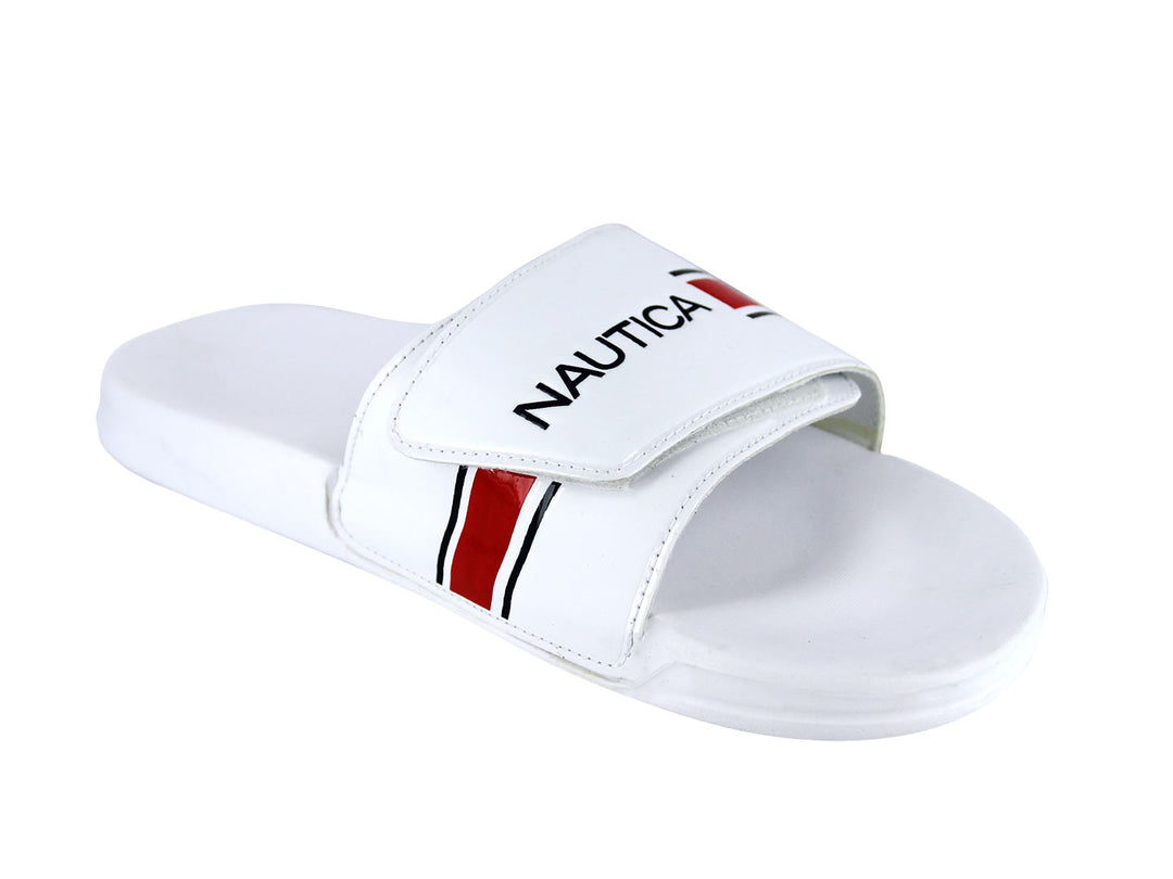 Sandalia tipo slide blanca de la marca Nautica con detalles en rojo y azul.