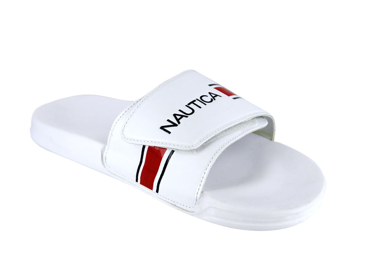 Sandalia tipo slide blanca de la marca Nautica con detalles en rojo y azul.