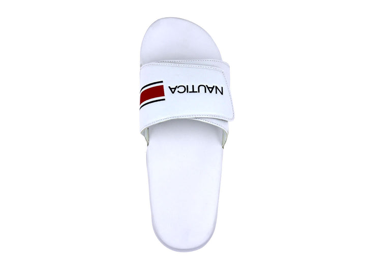 Sandalia tipo slide blanca de la marca Nautica con detalles en rojo y azul.