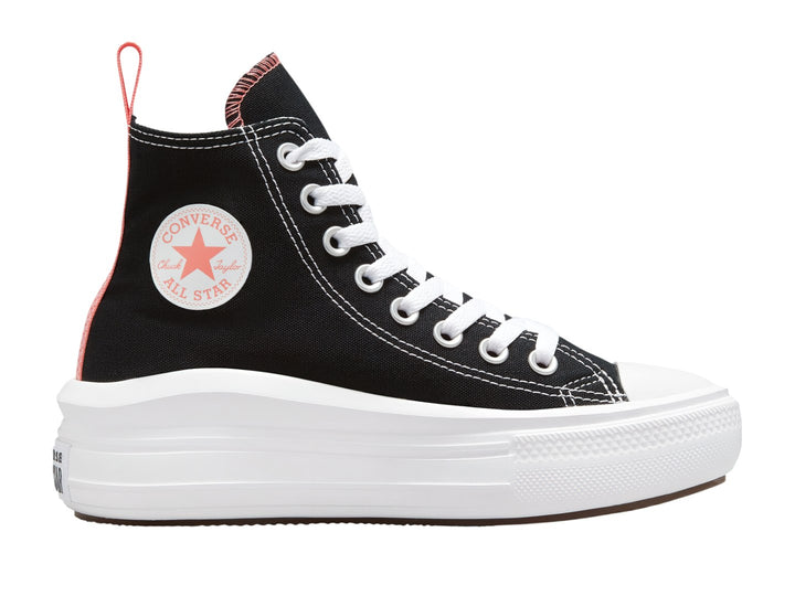 Tenis Converse Chuck Taylor All Star Move Hi color negro con suela de plataforma blanca y detalles en rosa.
