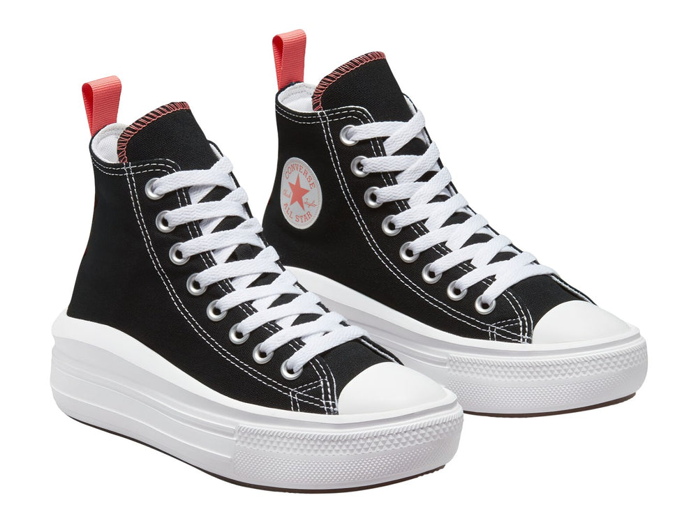 Tenis Converse Chuck Taylor All Star Move Hi color negro con suela de plataforma blanca y detalles en rosa.