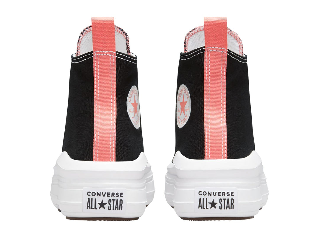 Tenis Converse Chuck Taylor All Star Move Hi color negro con suela de plataforma blanca y detalles en rosa.