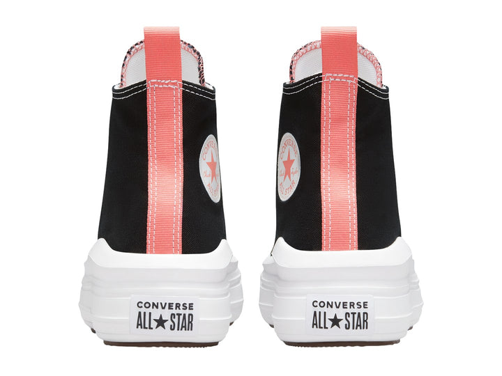 Tenis Converse Chuck Taylor All Star Move Hi color negro con suela de plataforma blanca y detalles en rosa.