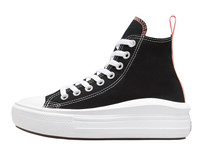 Tenis Converse Chuck Taylor All Star Move Hi color negro con suela de plataforma blanca y detalles en rosa.