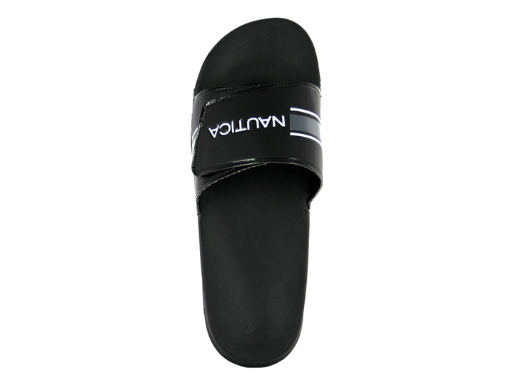 Sandalia deslizante Nautica color negro con banda ajustable y logotipo blanco en la parte superior.