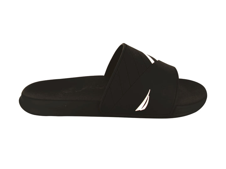 Sandalia Nautica Shark color negro con diseño deslizable y logo blanco en la banda.