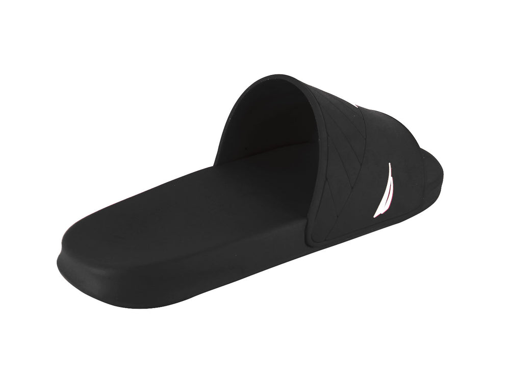Sandalia Nautica Shark color negro con diseño deslizable y logo blanco en la banda.