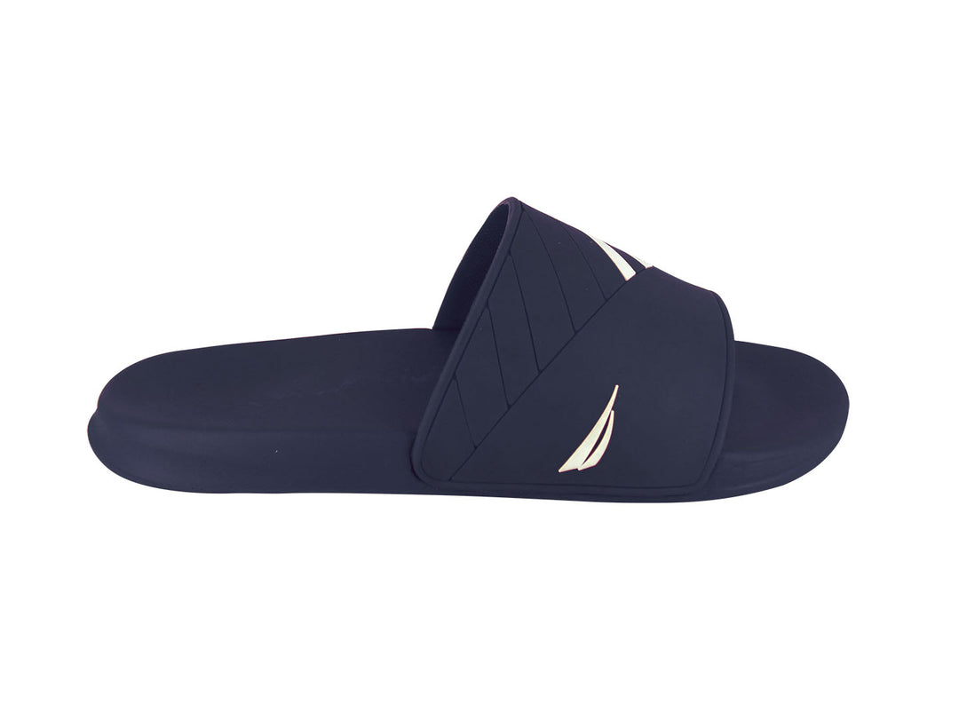 Sandalia deslizante Nautica Shark en color azul marino con logo blanco lateral.