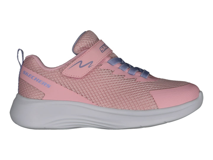 Tenis deportivos Skechers para niña en color rosa con suela gris y cierre de correa.