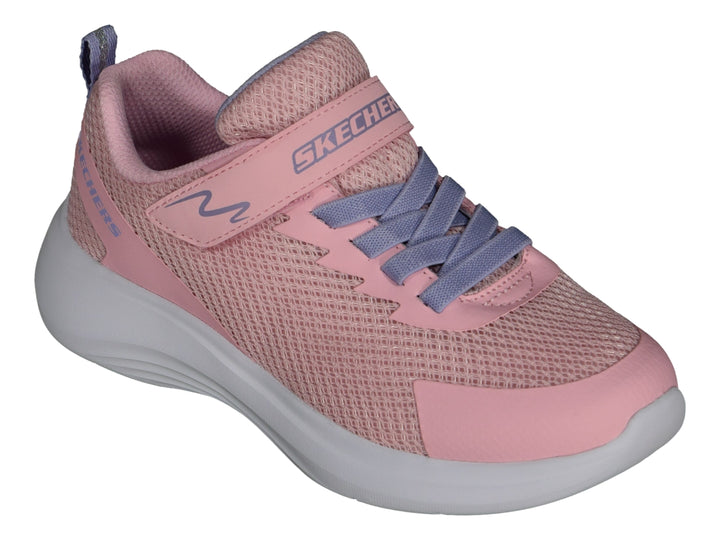 Tenis deportivos Skechers para niña en color rosa con suela gris y cierre de correa.