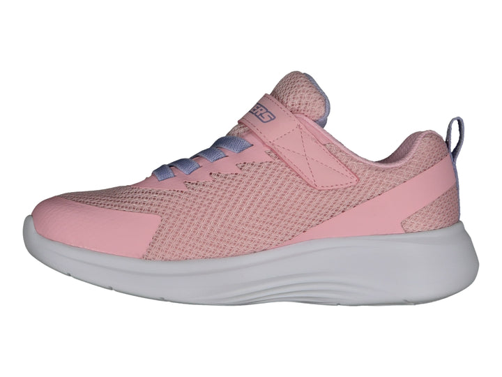 Tenis deportivos Skechers para niña en color rosa con suela gris y cierre de correa.