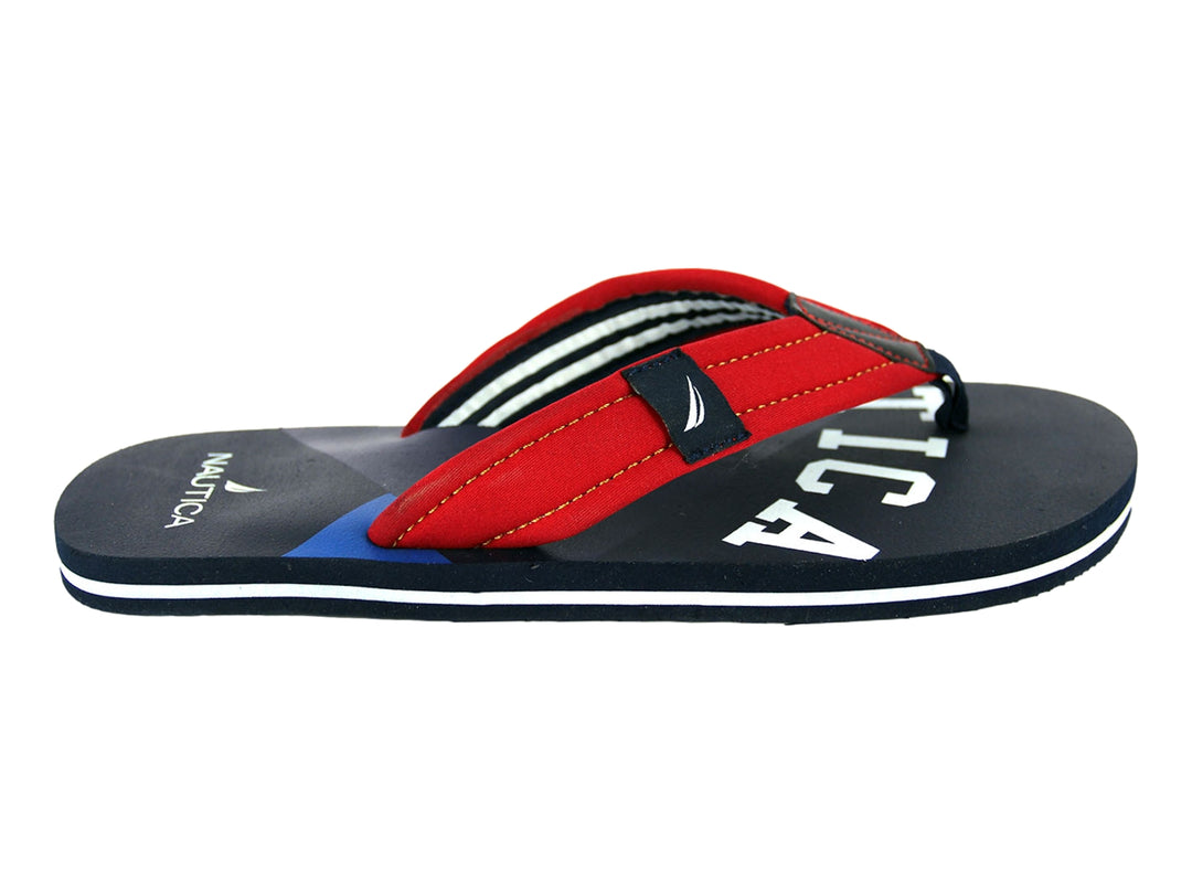 Sandalias Nautica color azul marino con correas rojas y detalles en blanco.
