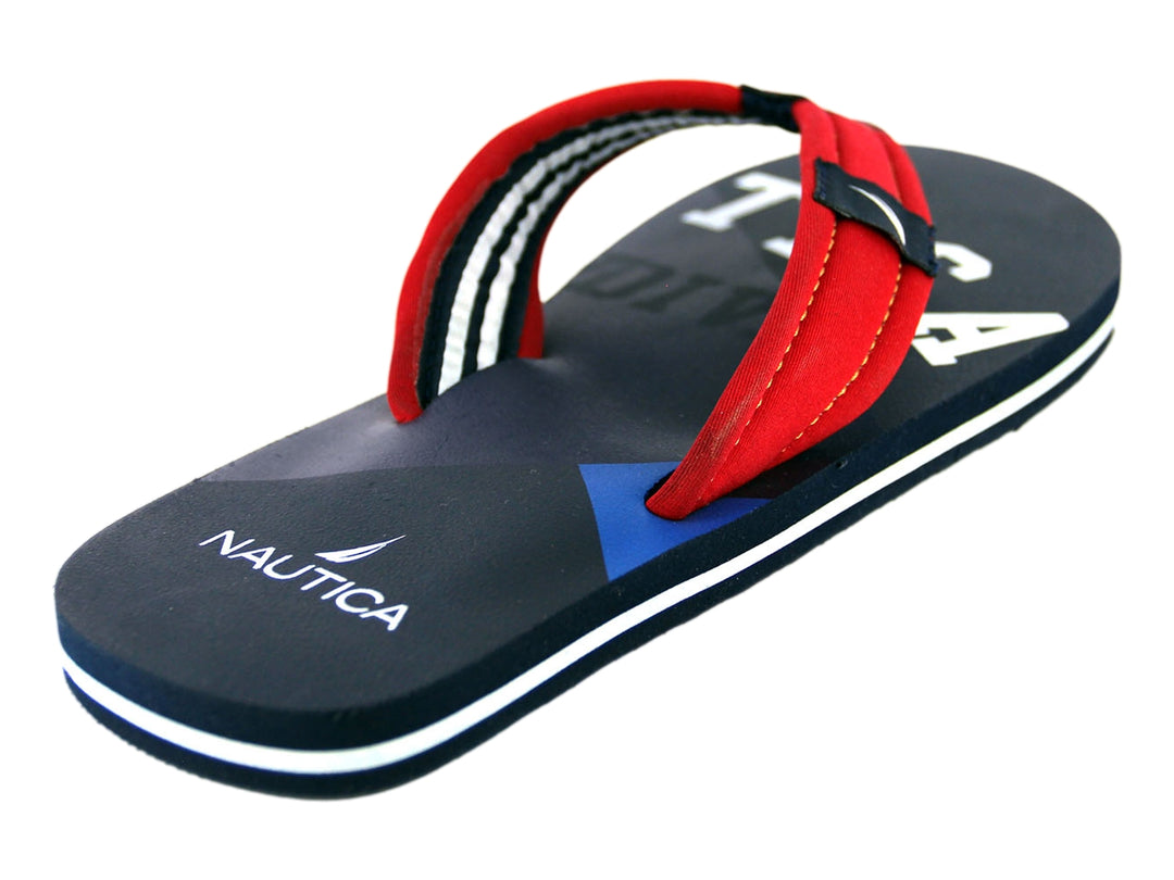 Sandalias Nautica color azul marino con correas rojas y detalles en blanco.