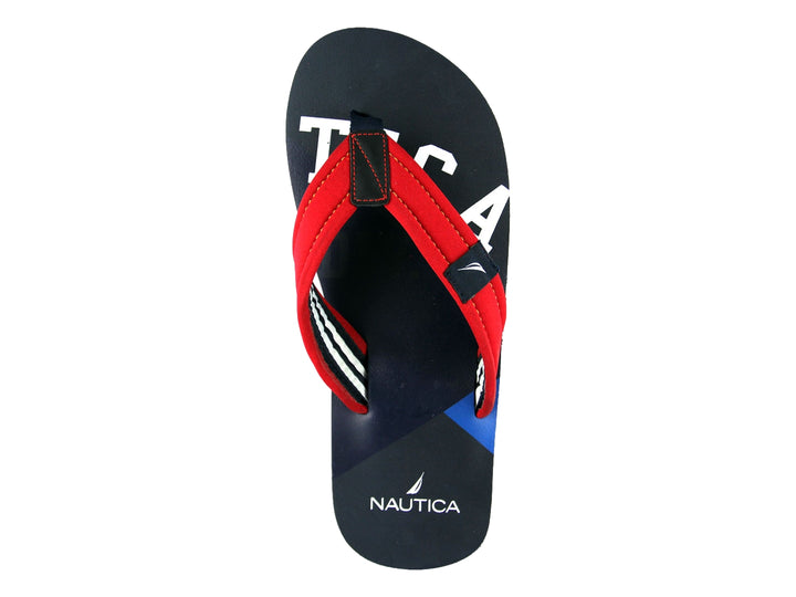Sandalias Nautica color azul marino con correas rojas y detalles en blanco.