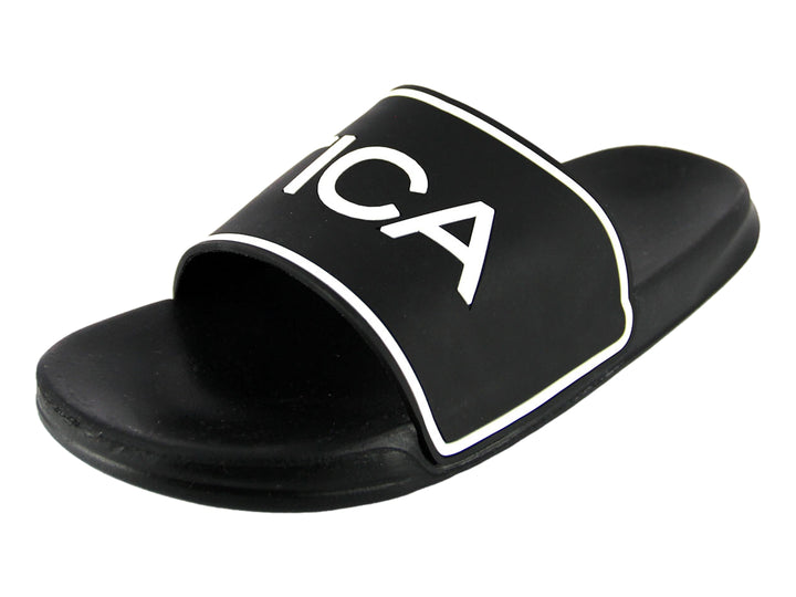 Sandalia tipo slide color negro con detalles blancos de la marca Nautica.