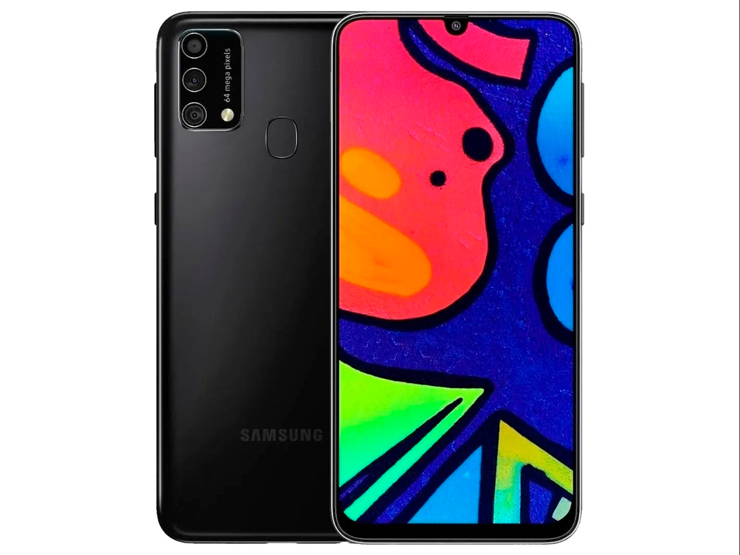 Teléfono inteligente Samsung M21s color negro, vista frontal y posterior resaltando pantalla y cámaras.