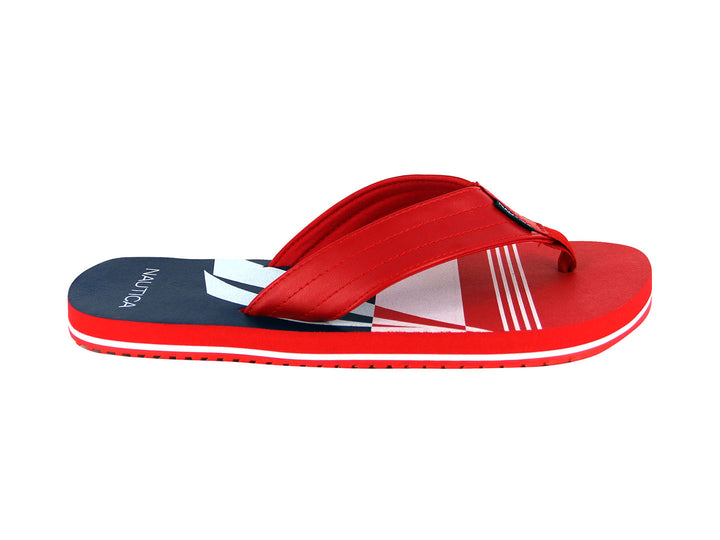Sandalia de dedo marca Nautica en colores rojo, blanco y azul con diseño deportivo.