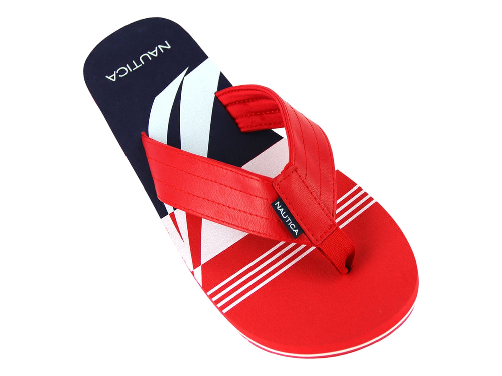 Sandalia de dedo marca Nautica en colores rojo, blanco y azul con diseño deportivo.