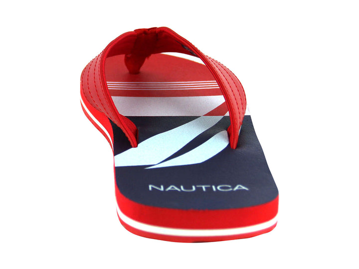 Sandalia de dedo marca Nautica en colores rojo, blanco y azul con diseño deportivo.