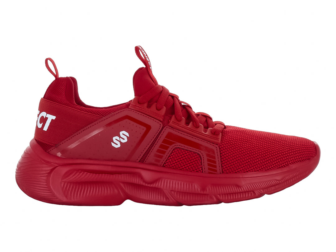 Tenis de baloncesto marca Kinect en color rojo intenso con detalles blancos y suela robusta.