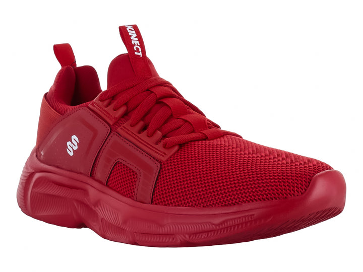 Tenis de baloncesto marca Kinect en color rojo intenso con detalles blancos y suela robusta.