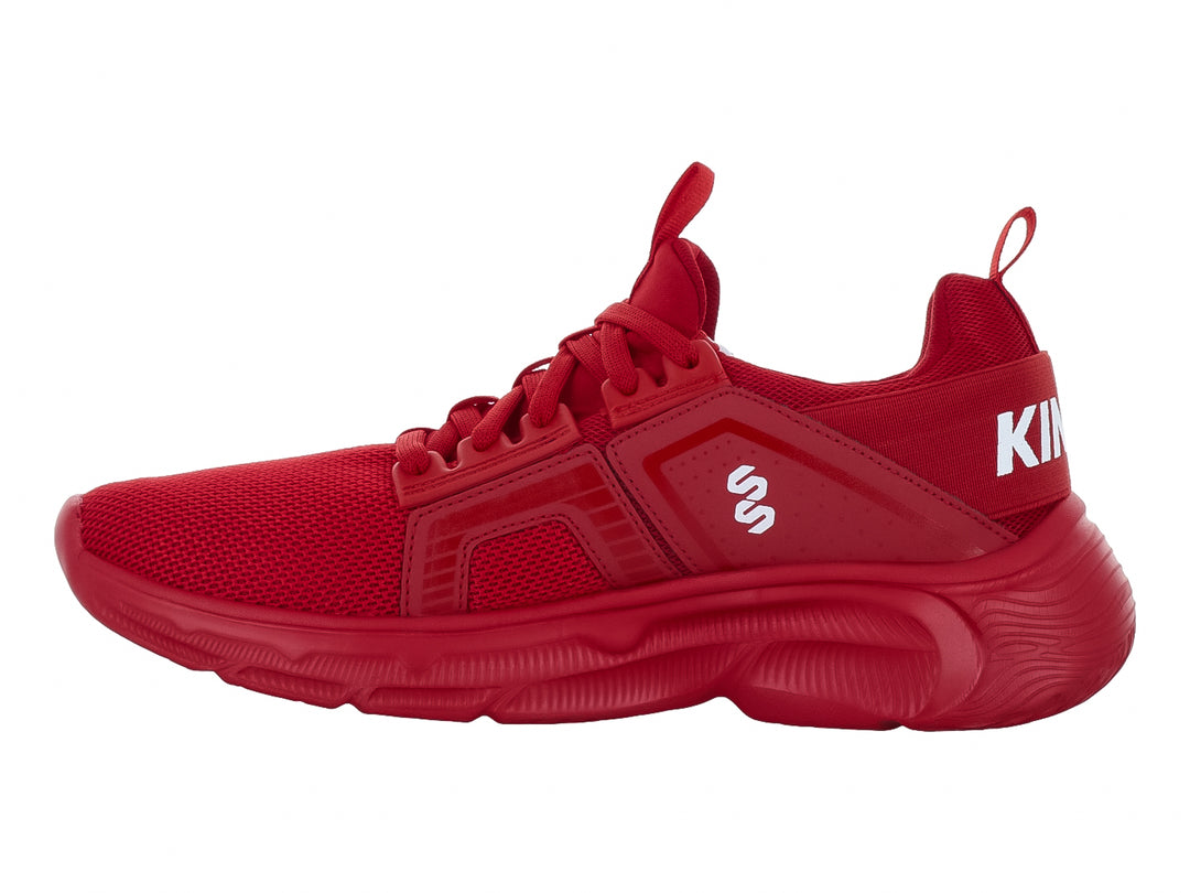 Tenis de baloncesto marca Kinect en color rojo intenso con detalles blancos y suela robusta.