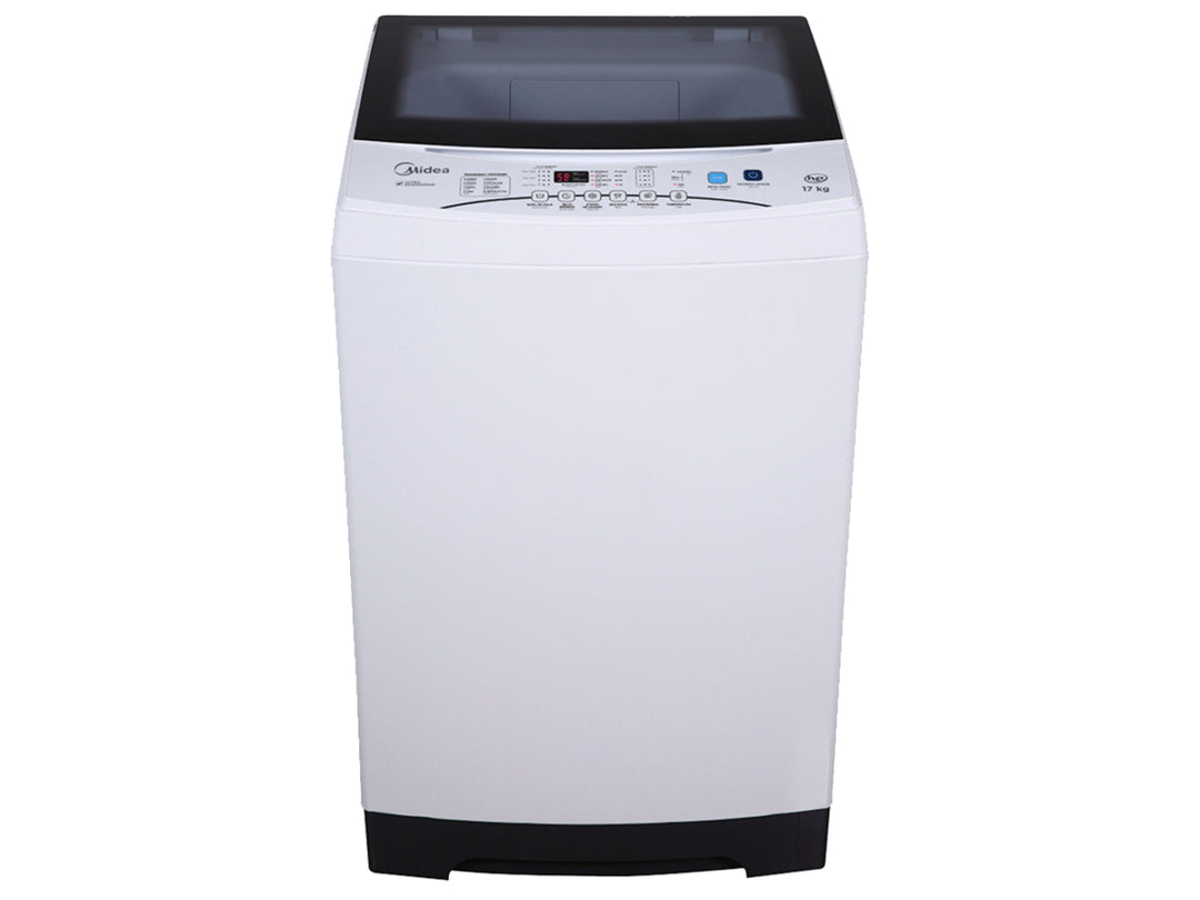 Lavadora automática Midea de 17 kg en color blanco con tapa y base negras.