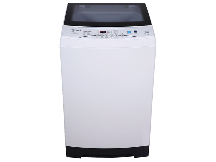 Lavadora automática Midea de 17 kg en color blanco con tapa y base negras.