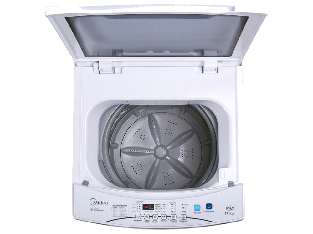 Lavadora automática Midea de 17 kg en color blanco con tapa y base negras.