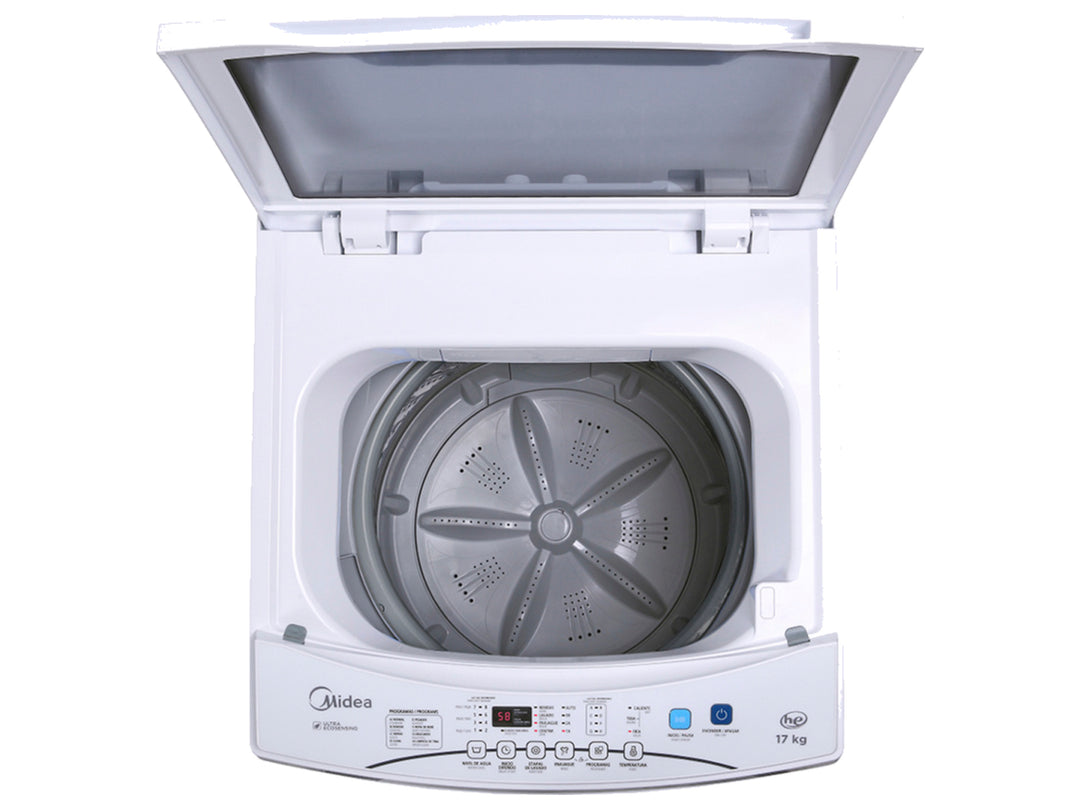 Lavadora automática Midea de 17 kg en color blanco con tapa y base negras.