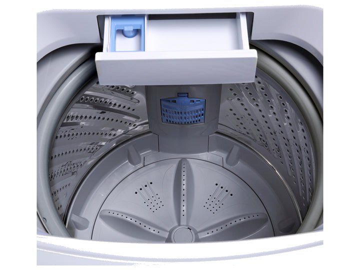 Lavadora automática Midea de 17 kg en color blanco con tapa y base negras.