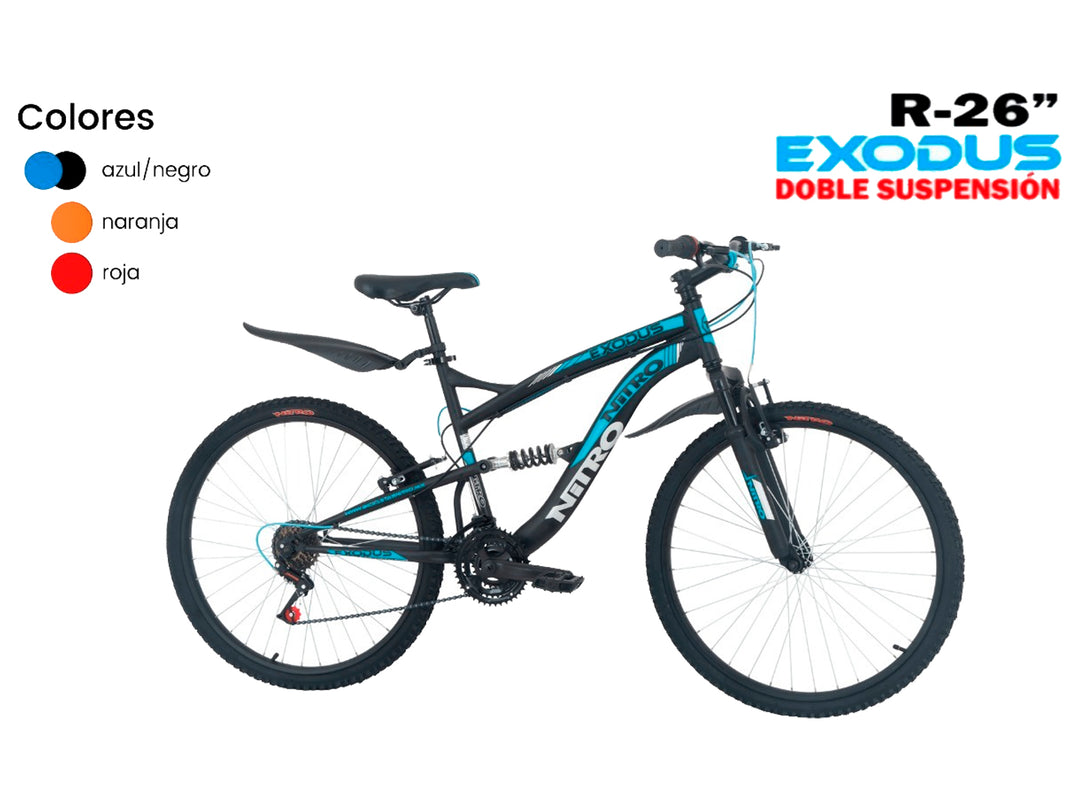 Bicicleta de montaña NITRO EXODUS color negro y azul con doble suspensión y ruedas R26.