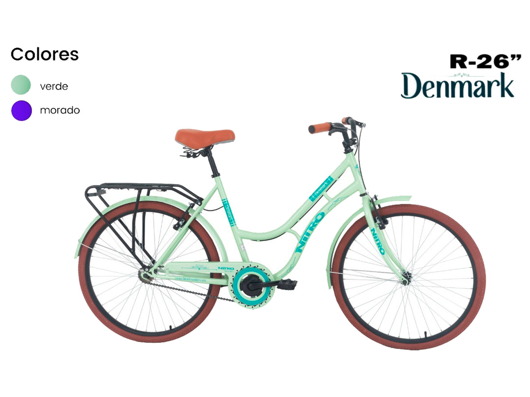 Bicicleta Nitro Denmark color verde claro con parrilla trasera y asiento marrón.