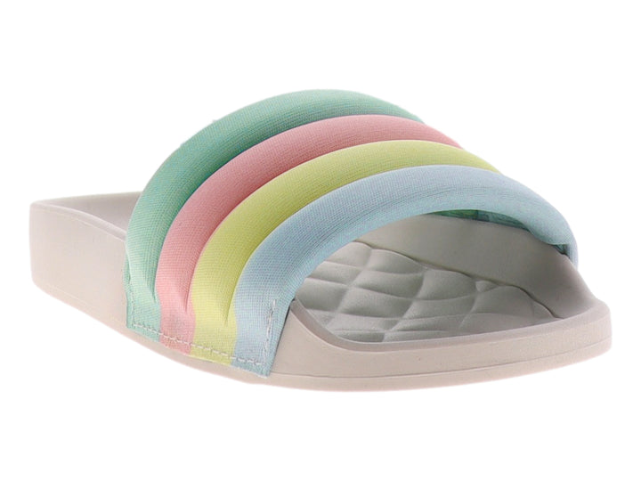 Sandalia Molekinha para niña con correa multicolor en tonos arcoíris y suela blanca texturizada.