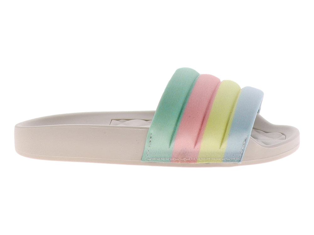 Sandalia Molekinha para niña con correa multicolor en tonos arcoíris y suela blanca texturizada.