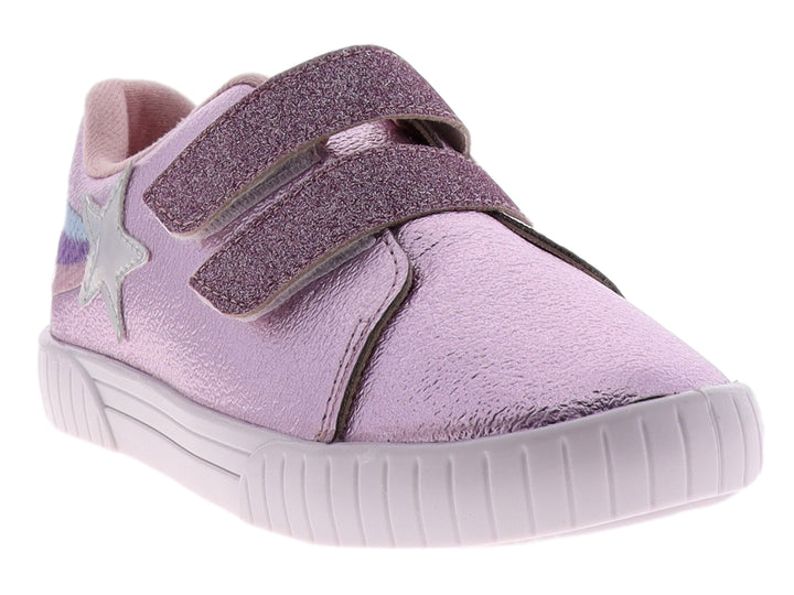 Tenis para Niña marca Molekinha en color rosa metalizado con detalles de glitter y una estrella plateada lateral.