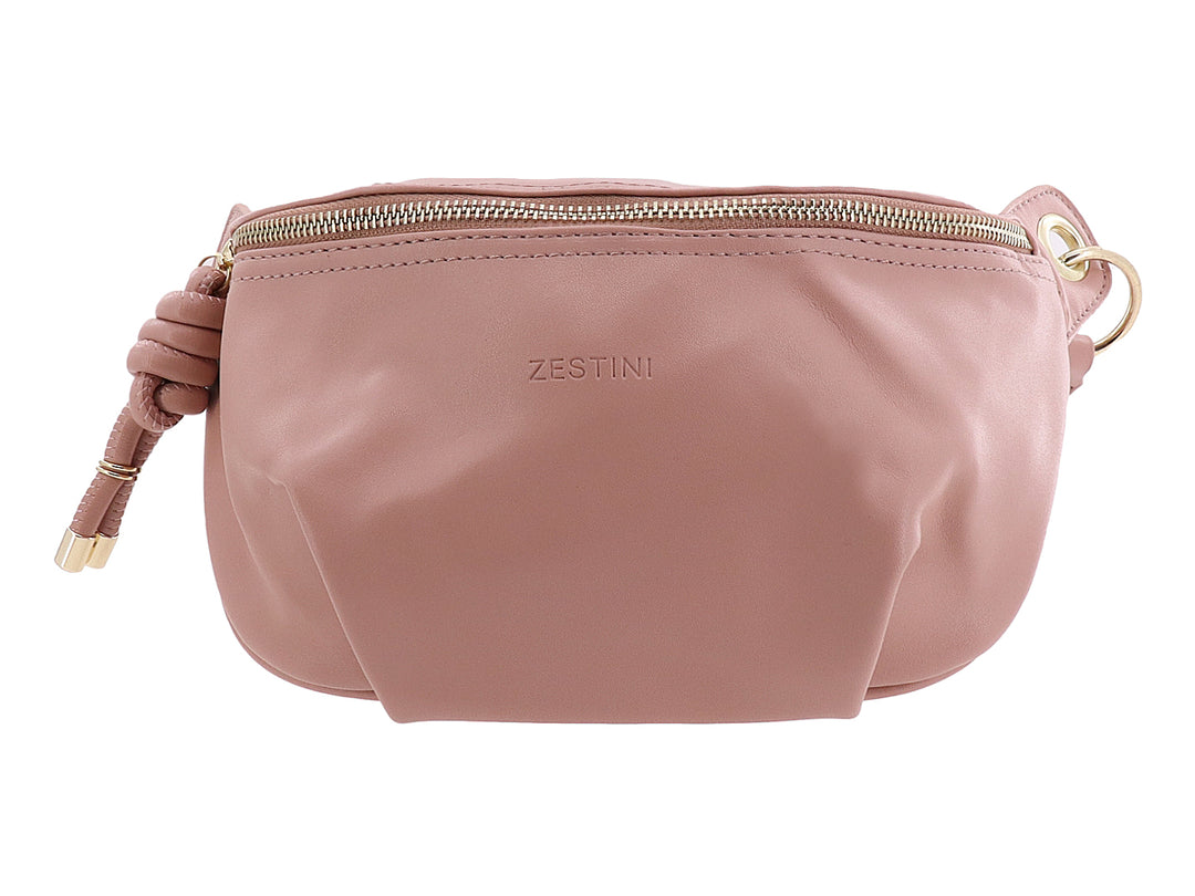 Cangurera color rosa con detalles dorados y un nudo decorativo en el cierre.