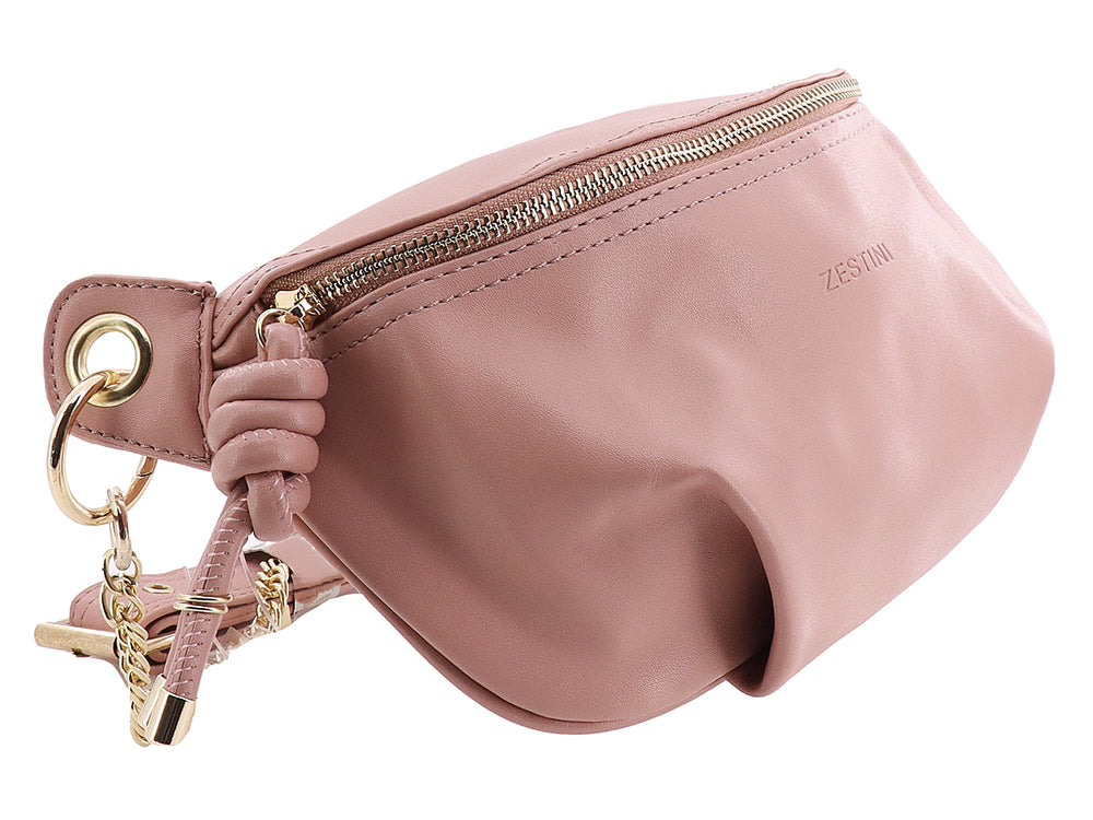 Cangurera color rosa con detalles dorados y un nudo decorativo en el cierre.