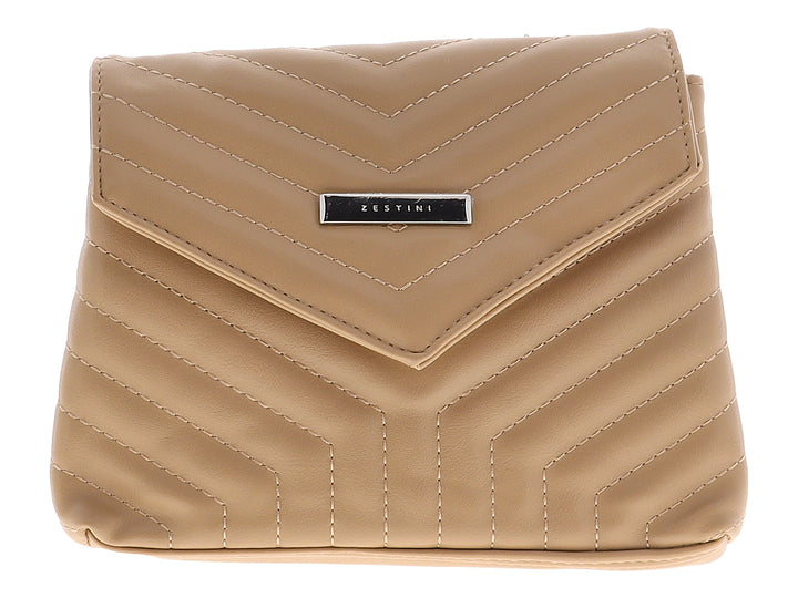 Bolso de hombro Felianna color taupe con diseño acolchado en forma de V y placa metálica central.