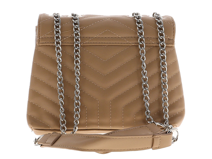Bolso de hombro Felianna color taupe con diseño acolchado en forma de V y placa metálica central.