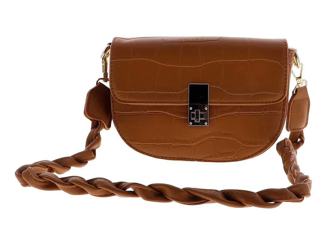 Bolso de hombro Felianna color marrón con textura de cocodrilo, cierre metálico dorado y correa trenzada.