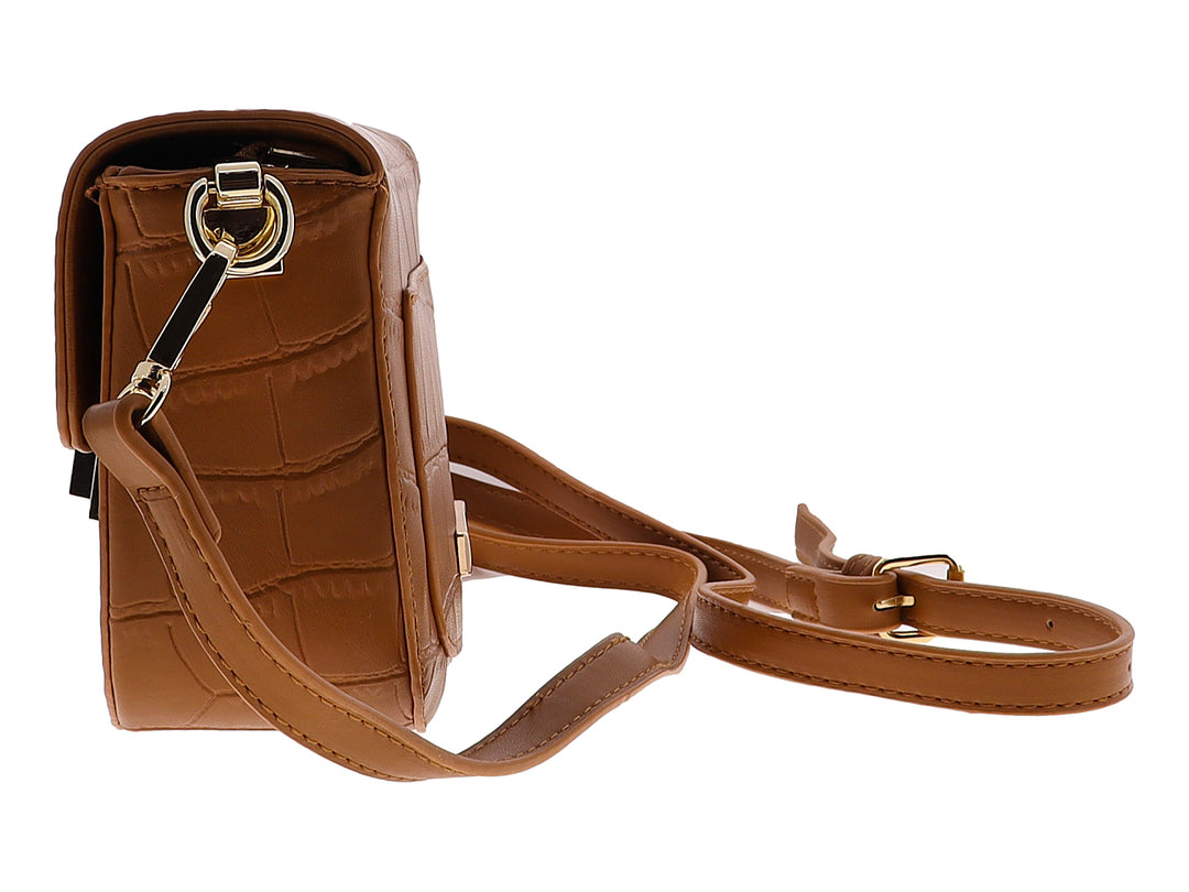 Bolso de hombro Felianna color marrón con textura de cocodrilo, cierre metálico dorado y correa trenzada.