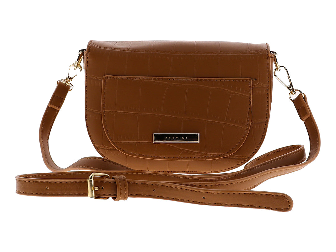 Bolso de hombro Felianna color marrón con textura de cocodrilo, cierre metálico dorado y correa trenzada.