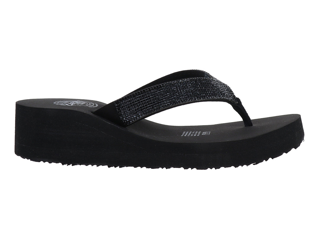 Sandalias negras de plataforma con tira brillante tipo flip-flop.