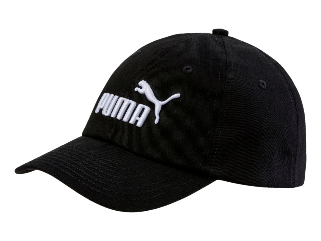 Gorra deportiva PUMA de color negro con logotipo blanco bordado en el frente.