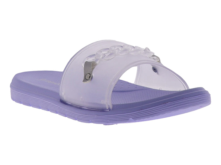 Sandalia color lavanda con tira transparente y detalle de cadena blanca en la parte superior.