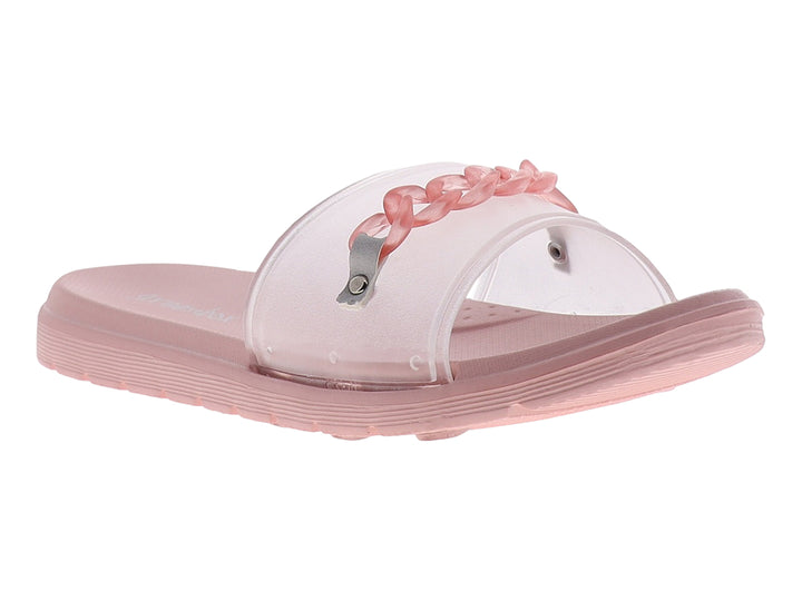 Sandalia color rosa palo con tira transparente y detalle de cadena decorativa en la parte superior.