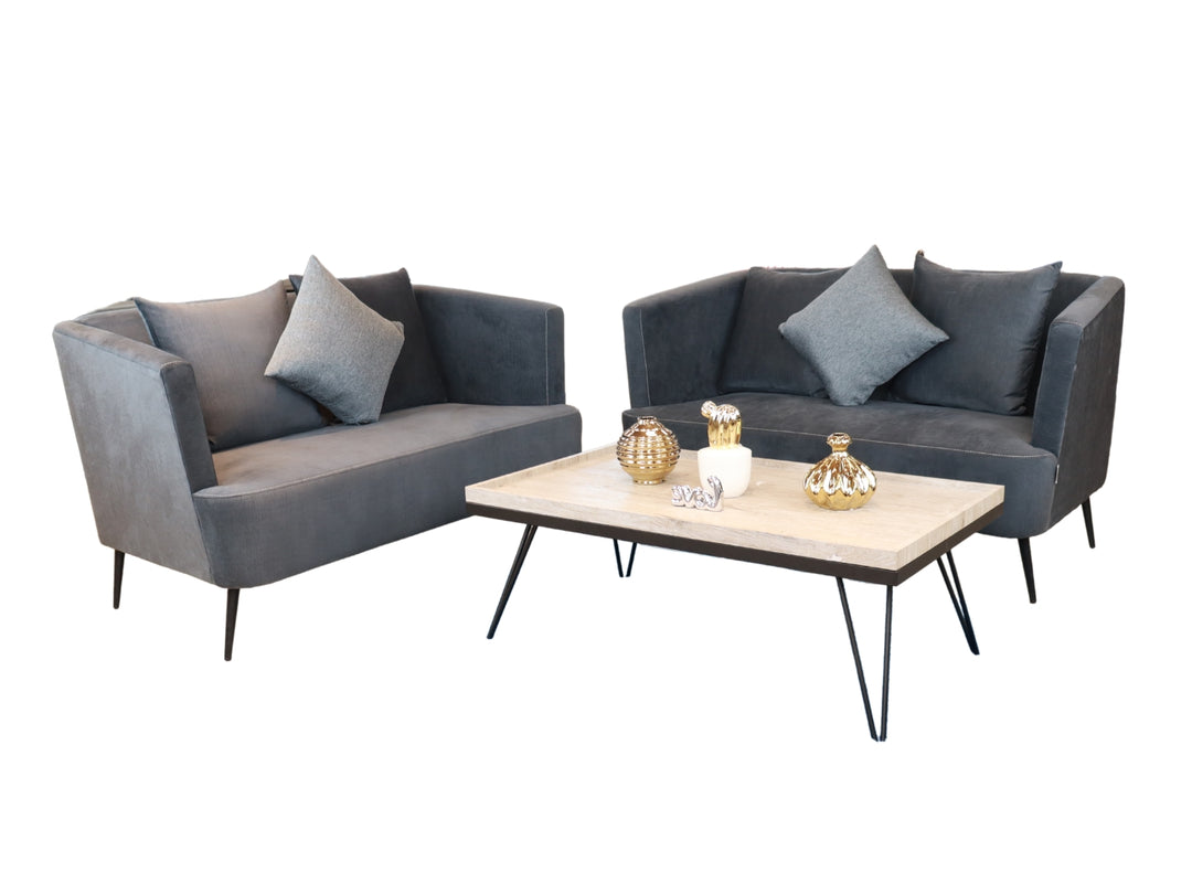 Conjunto de sala compuesto por dos sofás color gris con cojines y una mesa de centro rectangular.