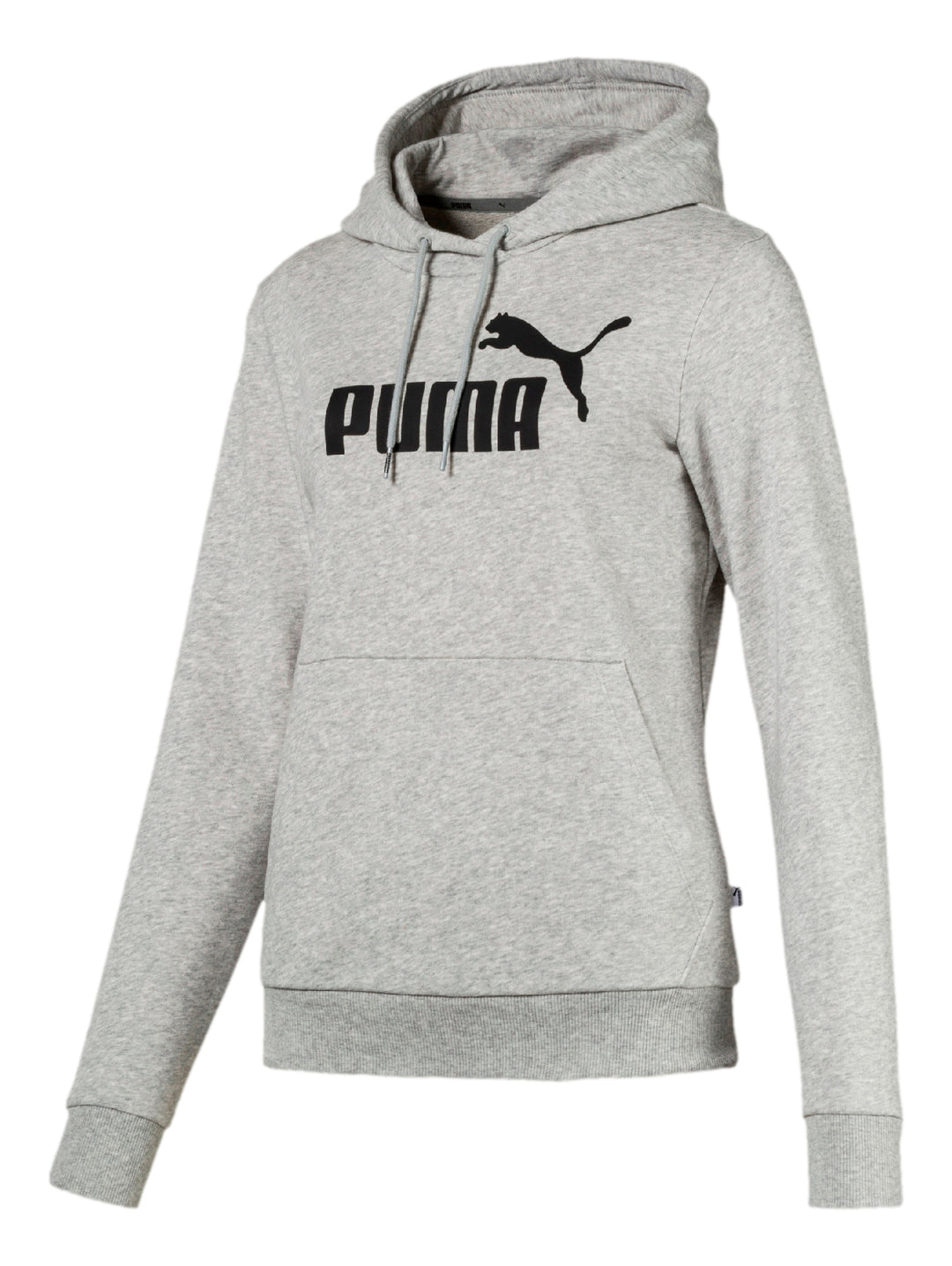 Sudadera con capucha PUMA en color gris claro con logotipo negro en el pecho.